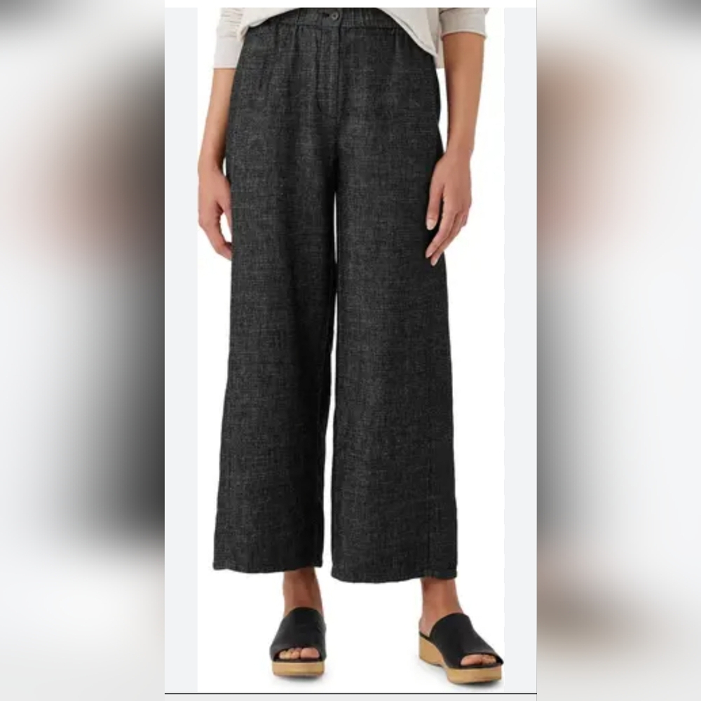 Eileen Fisher Black Wide Leg Linen Cotton Blend Pants